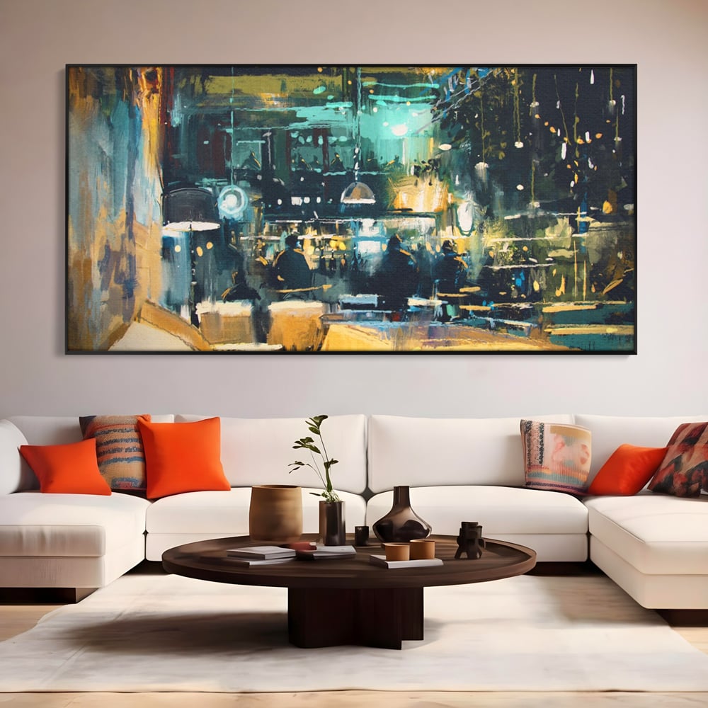 Tablou Canvas Premium LuxCanva® A1289, Night Club, Living, Oameni, Cafenea, Restaurant, Lumini, Culori Vibrante