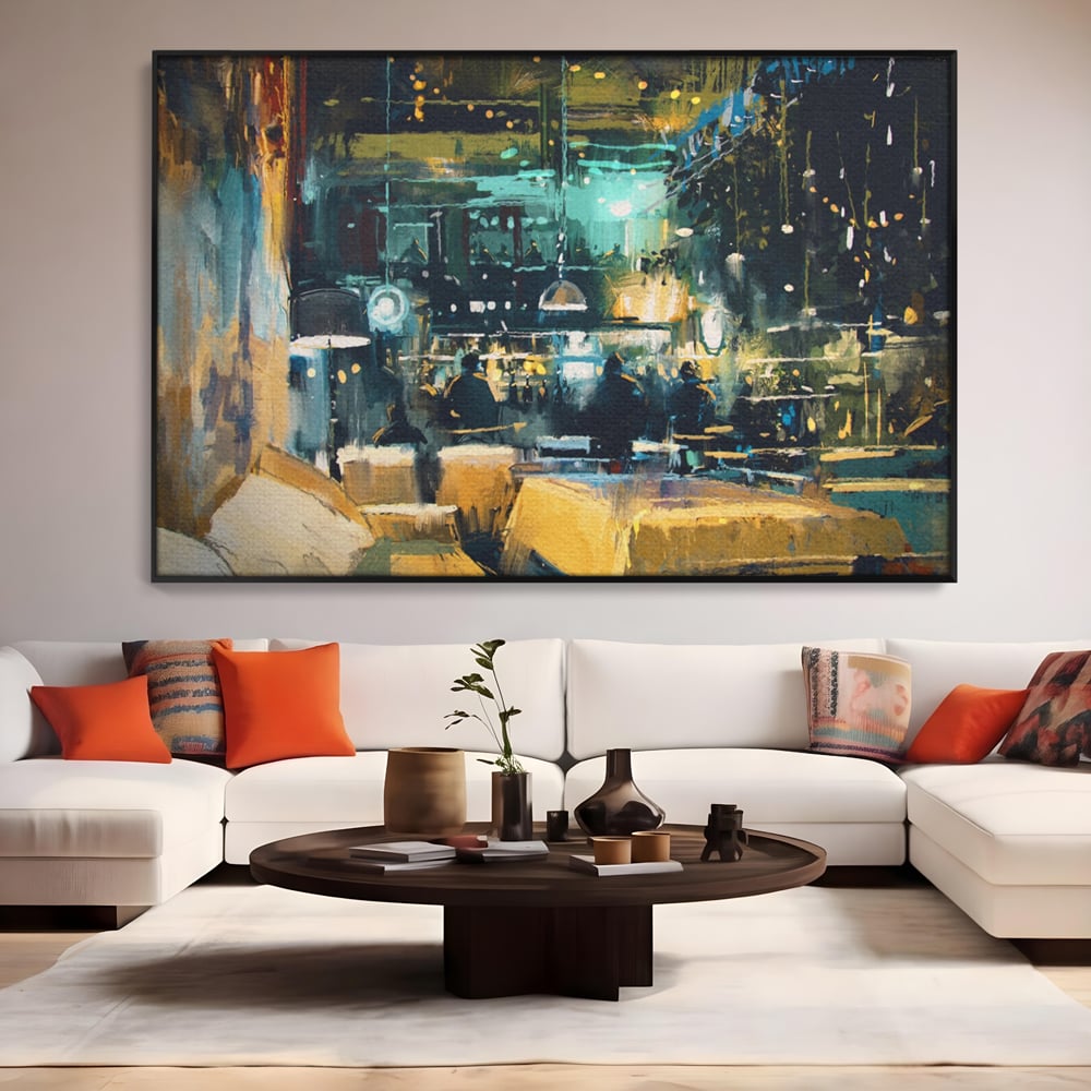 Tablou Canvas Premium LuxCanva® A1289, Night Club, Living, Oameni, Cafenea, Restaurant, Lumini, Culori Vibrante