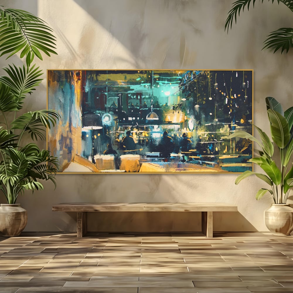 Tablou Canvas Premium LuxCanva® A1289, Night Club, Living, Oameni, Cafenea, Restaurant, Lumini, Culori Vibrante