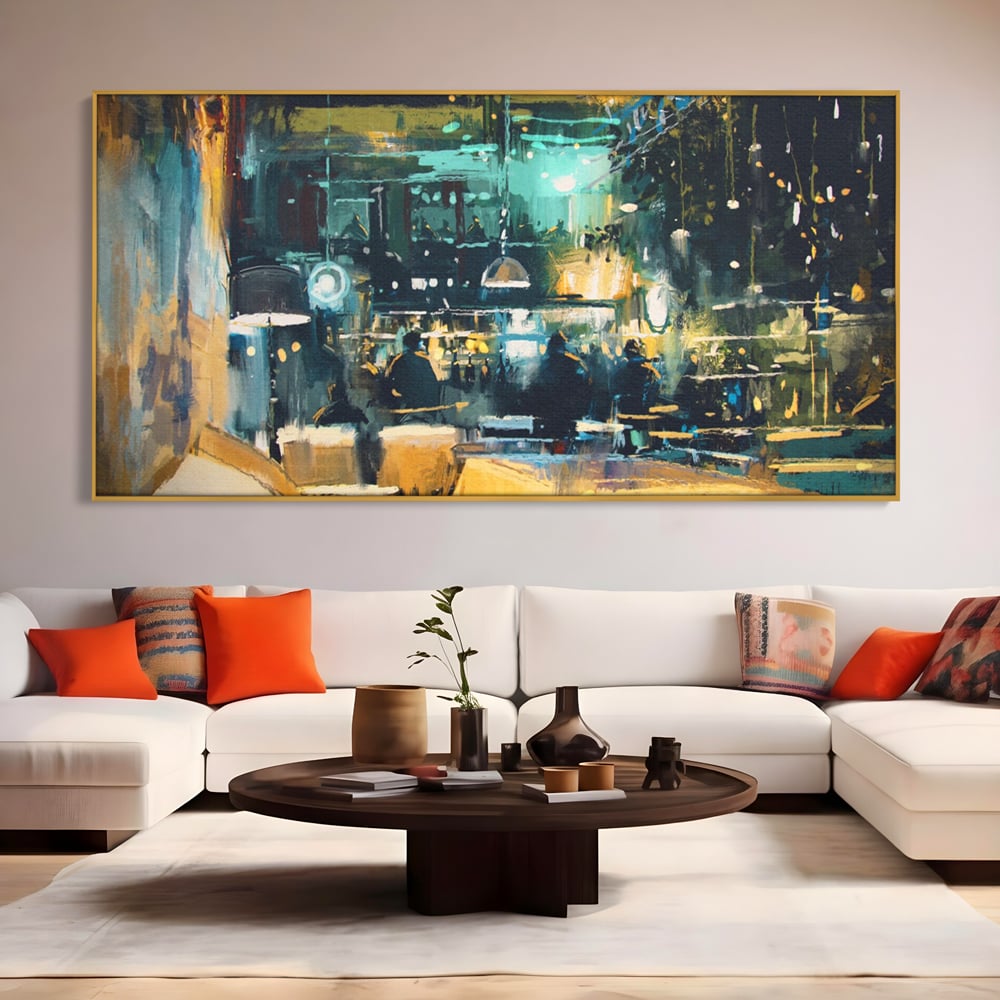 Tablou Canvas Premium LuxCanva® A1289, Night Club, Living, Oameni, Cafenea, Restaurant, Lumini, Culori Vibrante