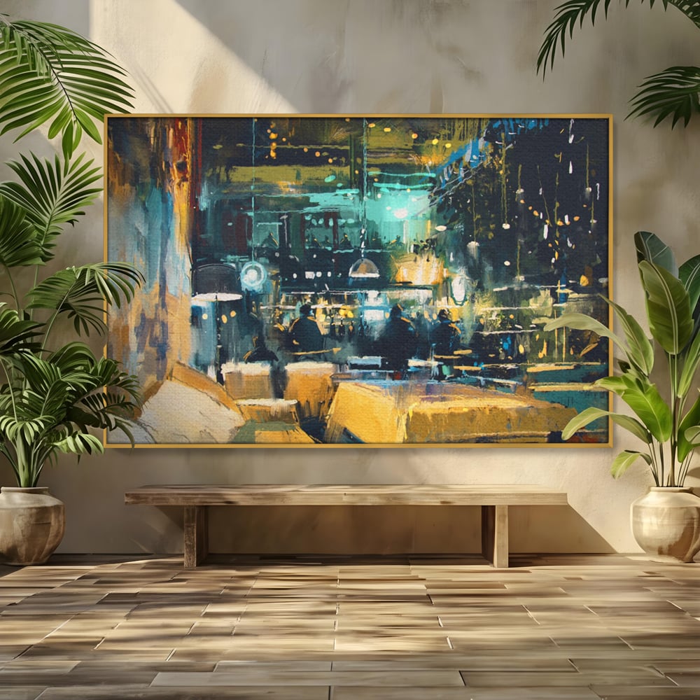 Tablou Canvas Premium LuxCanva® A1289, Night Club, Living, Oameni, Cafenea, Restaurant, Lumini, Culori Vibrante