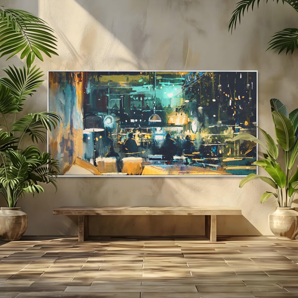 Tablou Canvas Premium LuxCanva® A1289, Night Club, Living, Oameni, Cafenea, Restaurant, Lumini, Culori Vibrante