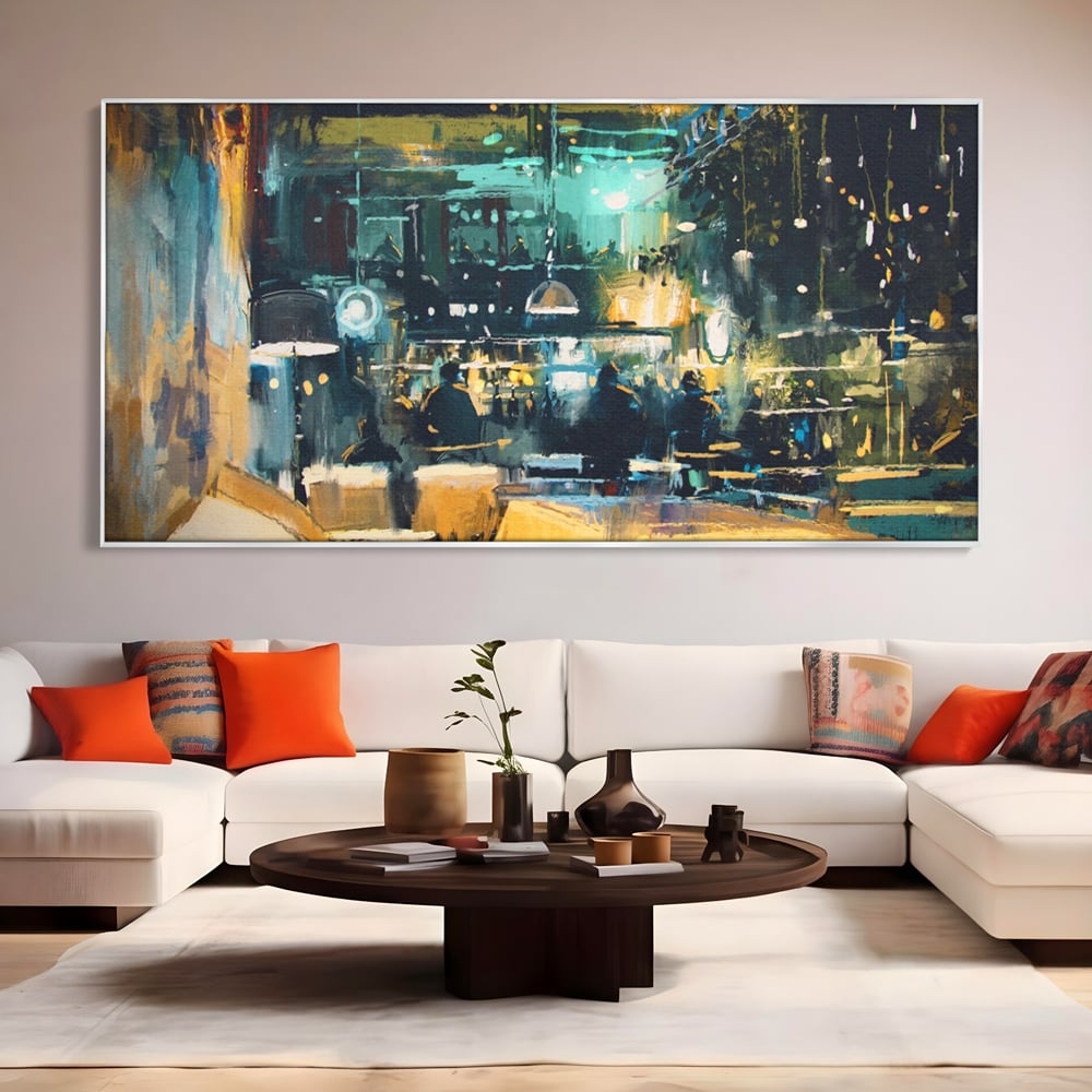 Tablou Canvas Premium LuxCanva® A1289, Night Club, Living, Oameni, Cafenea, Restaurant, Lumini, Culori Vibrante