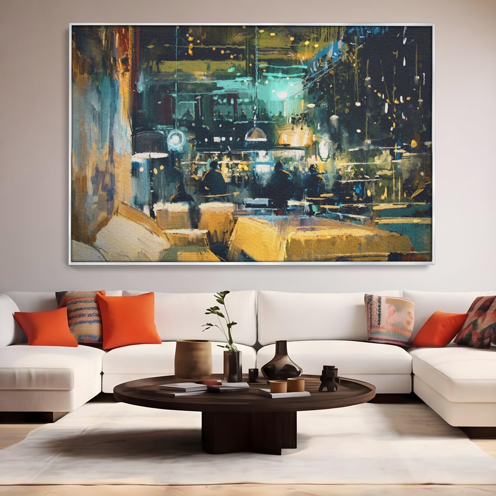Tablou Canvas Premium LuxCanva® A1289, Night Club, Living, Oameni, Cafenea, Restaurant, Lumini, Culori Vibrante