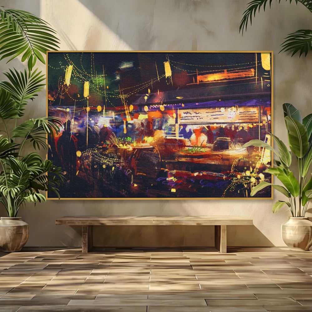 Leinwandbilder Premium LuxCanva® A1290, Bunter Markt, Wohnen, Laden, Menschen, Abstrakt, Lichter, Kräftige Farben