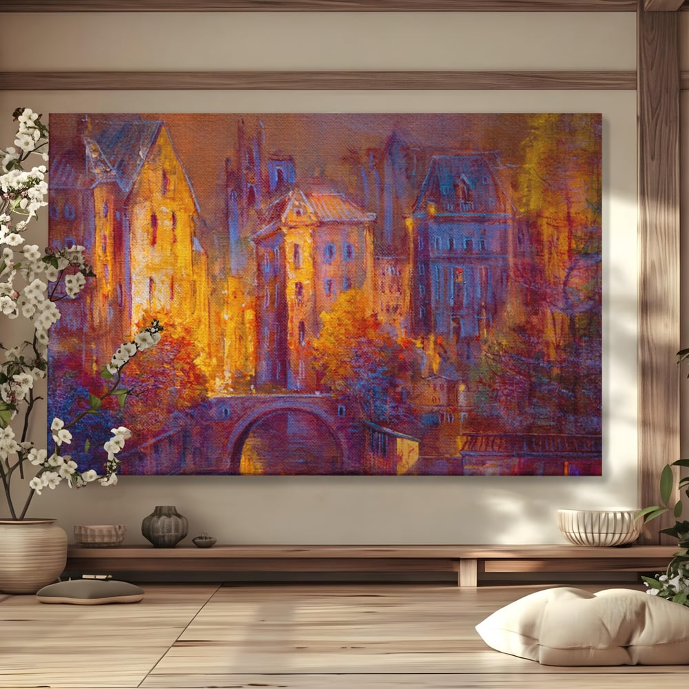 Tablou Canvas Premium LuxCanva® A1291, The Old City, Living, Arhitectura, Oras Vechi, Pod, Rau, Dormitor, Culori Vibrante