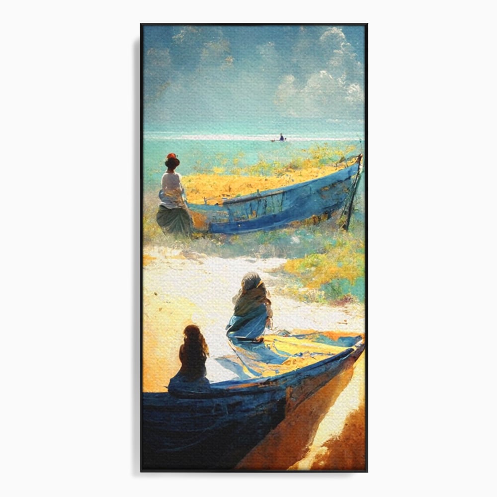 Tablou Canvas Premium LuxCanva® A1293, Women In The Boat, Living, Mare, Barci, Femei, Plaja, Dormitor, Culori Vibrante