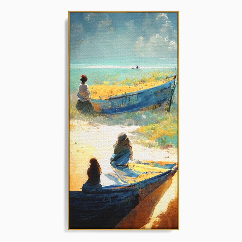 Tablou Canvas Premium LuxCanva® A1293, Women In The Boat, Living, Mare, Barci, Femei, Plaja, Dormitor, Culori Vibrante