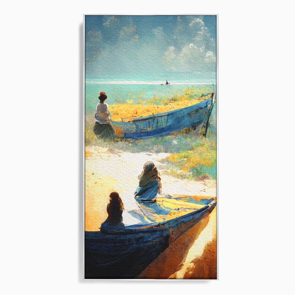 Tablou Canvas Premium LuxCanva® A1293, Women In The Boat, Living, Mare, Barci, Femei, Plaja, Dormitor, Culori Vibrante