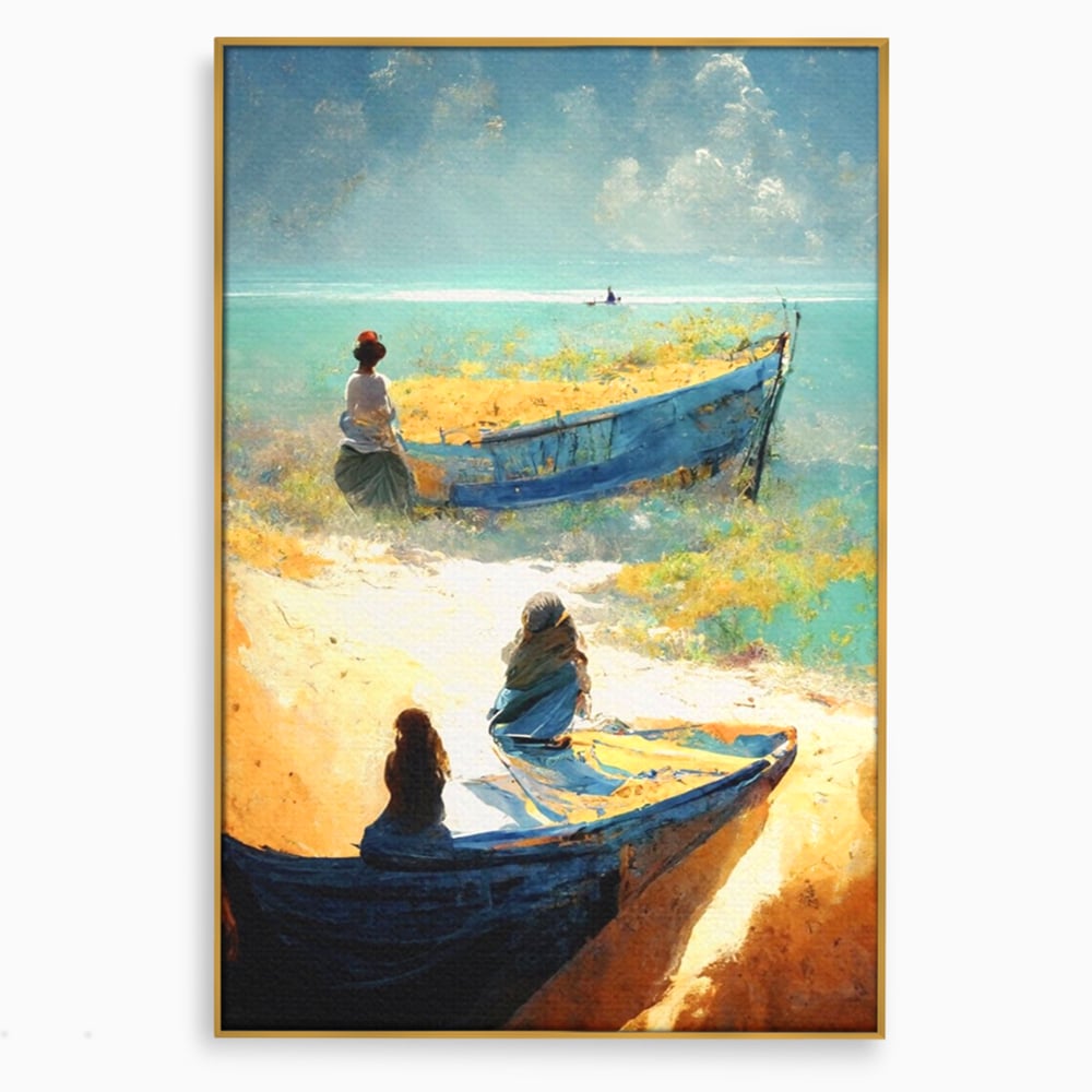 Tablou Canvas Premium LuxCanva® A1293, Women In The Boat, Living, Mare, Barci, Femei, Plaja, Dormitor, Culori Vibrante