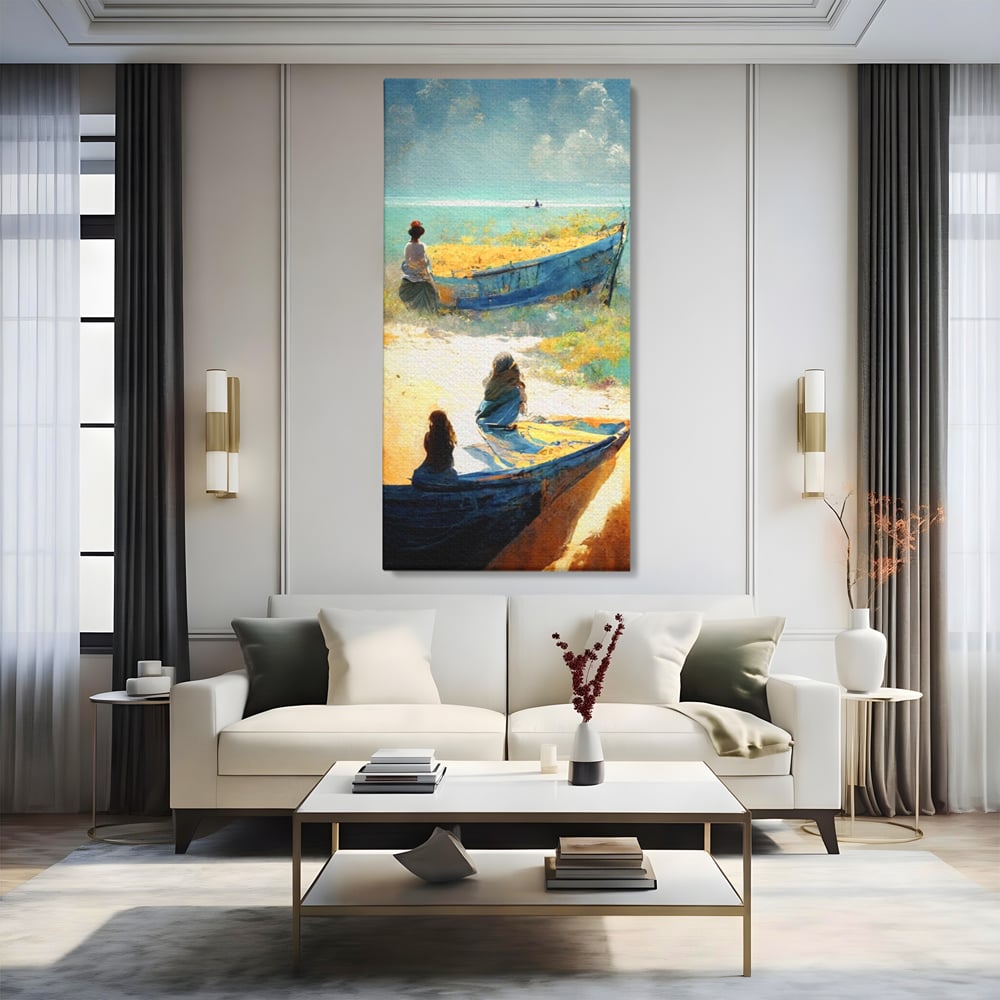 Tablou Canvas Premium LuxCanva® A1293, Women In The Boat, Living, Mare, Barci, Femei, Plaja, Dormitor, Culori Vibrante