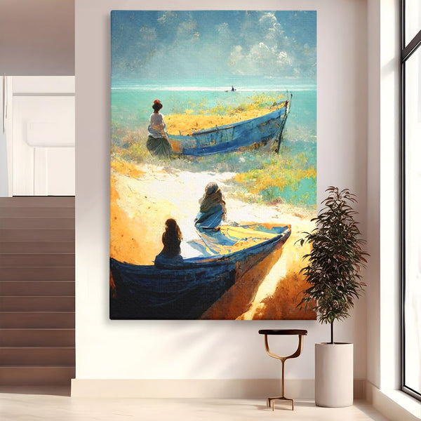 Tablou Canvas Premium LuxCanva® A1293, Women In The Boat, Living, Mare, Barci, Femei, Plaja, Dormitor, Culori Vibrante