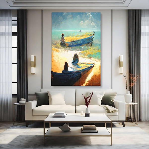 Tablou Canvas Premium LuxCanva® A1293, Women In The Boat, Living, Mare, Barci, Femei, Plaja, Dormitor, Culori Vibrante