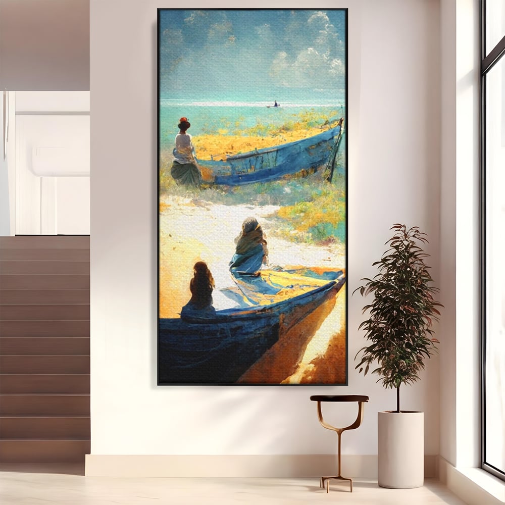 Tablou Canvas Premium LuxCanva® A1293, Women In The Boat, Living, Mare, Barci, Femei, Plaja, Dormitor, Culori Vibrante