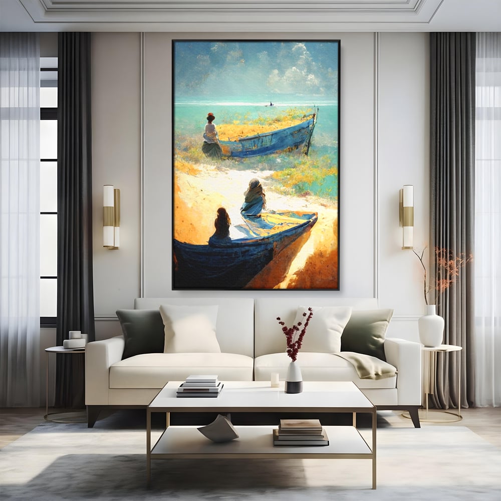 Tablou Canvas Premium LuxCanva® A1293, Women In The Boat, Living, Mare, Barci, Femei, Plaja, Dormitor, Culori Vibrante