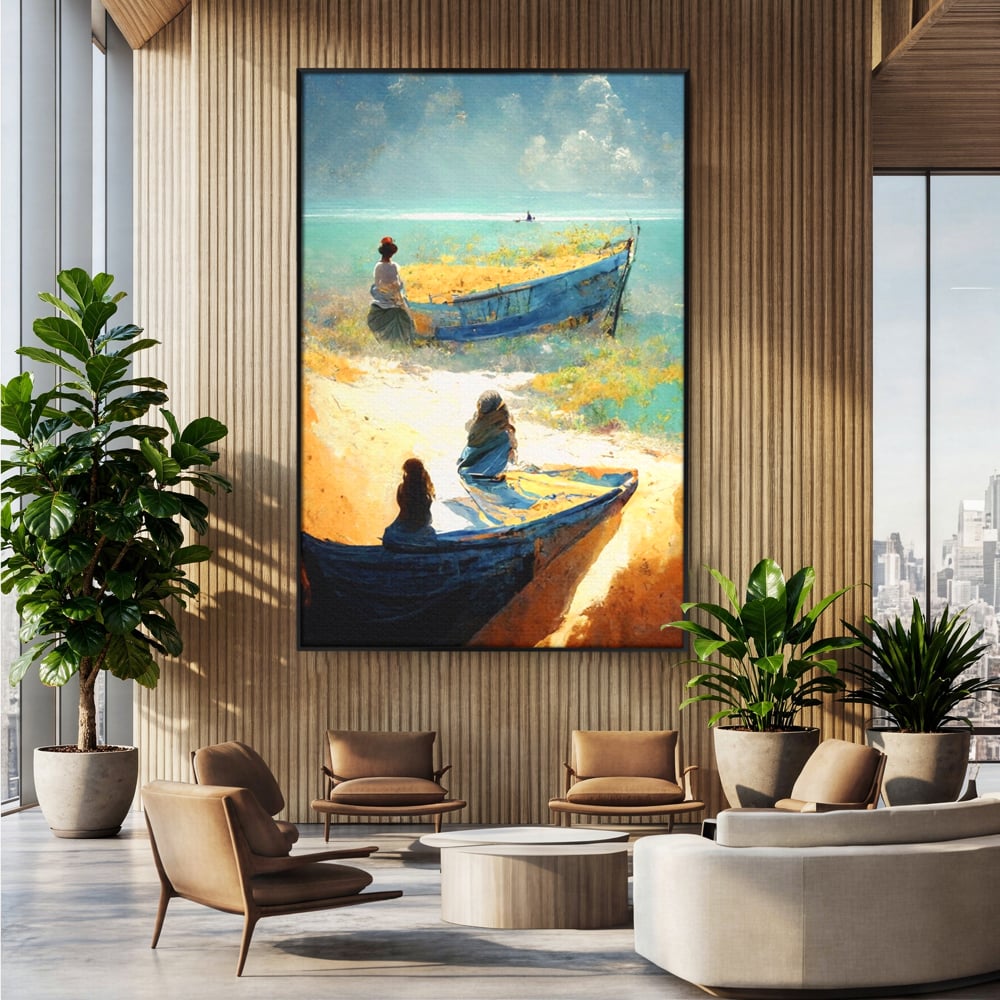 Tablou Canvas Premium LuxCanva® A1293, Women In The Boat, Living, Mare, Barci, Femei, Plaja, Dormitor, Culori Vibrante