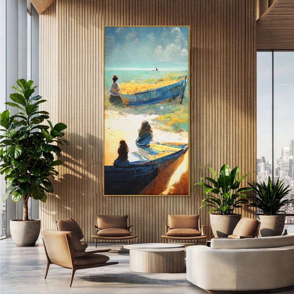 Tablou Canvas Premium LuxCanva® A1293, Women In The Boat, Living, Mare, Barci, Femei, Plaja, Dormitor, Culori Vibrante