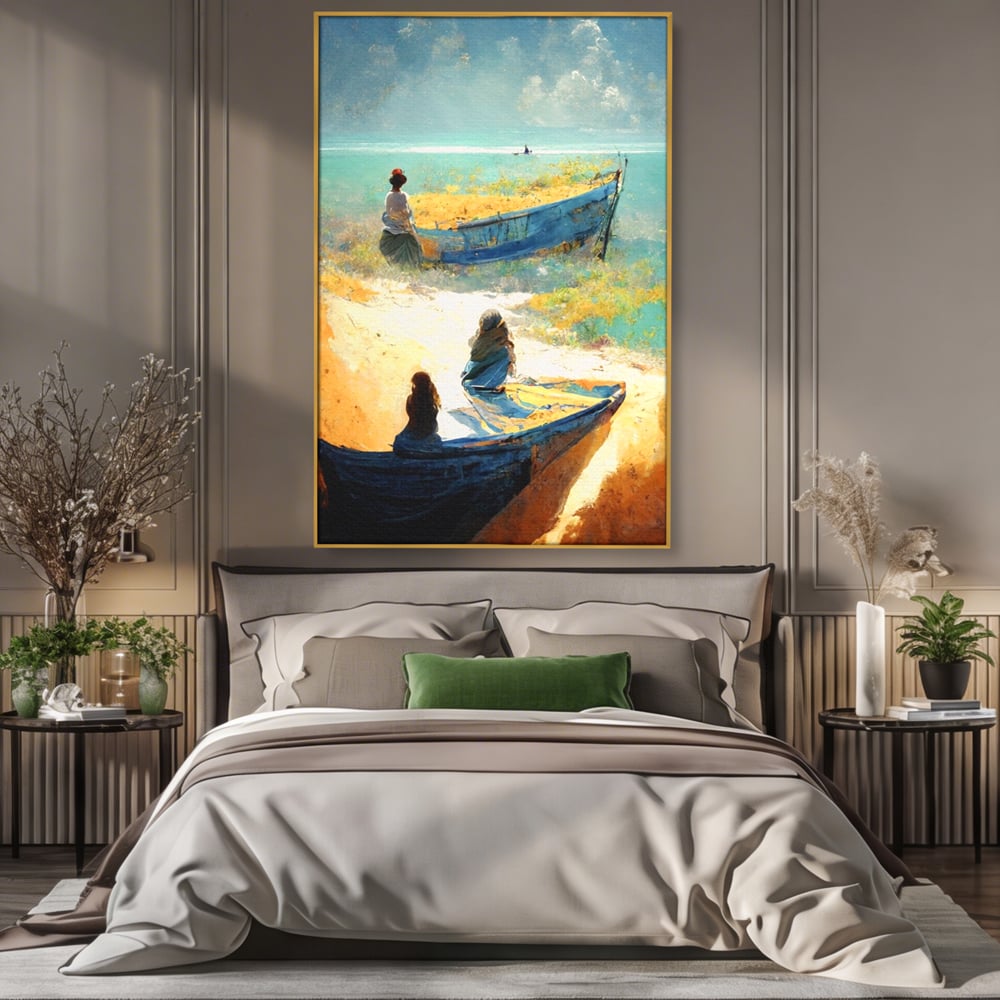 Tablou Canvas Premium LuxCanva® A1293, Women In The Boat, Living, Mare, Barci, Femei, Plaja, Dormitor, Culori Vibrante