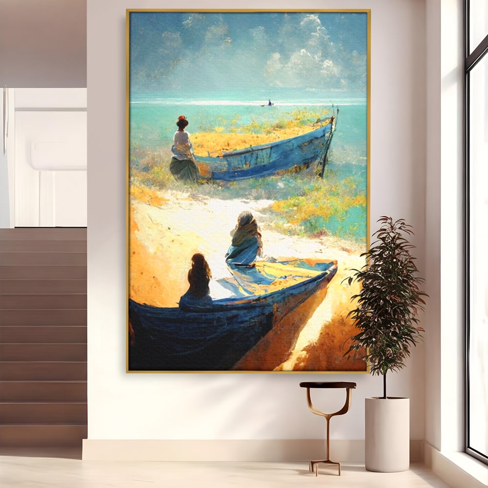 Tablou Canvas Premium LuxCanva® A1293, Women In The Boat, Living, Mare, Barci, Femei, Plaja, Dormitor, Culori Vibrante