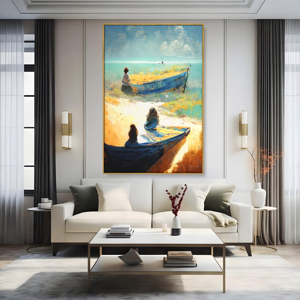 Tablou Canvas Premium LuxCanva® A1293, Women In The Boat, Living, Mare, Barci, Femei, Plaja, Dormitor, Culori Vibrante