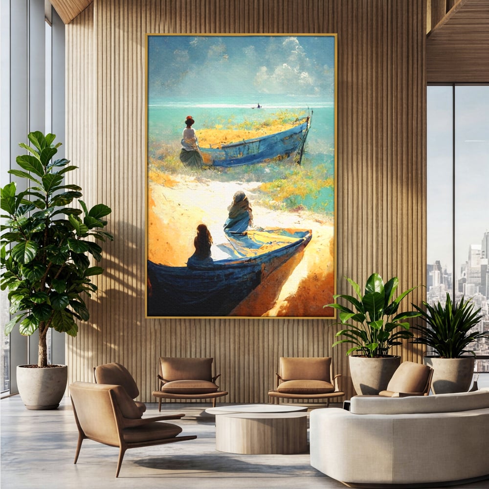 Tablou Canvas Premium LuxCanva® A1293, Women In The Boat, Living, Mare, Barci, Femei, Plaja, Dormitor, Culori Vibrante