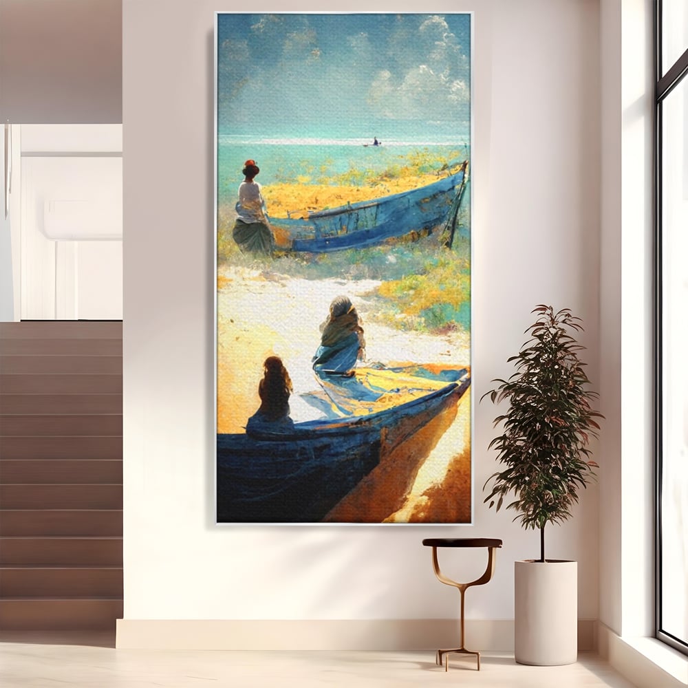 Tablou Canvas Premium LuxCanva® A1293, Women In The Boat, Living, Mare, Barci, Femei, Plaja, Dormitor, Culori Vibrante
