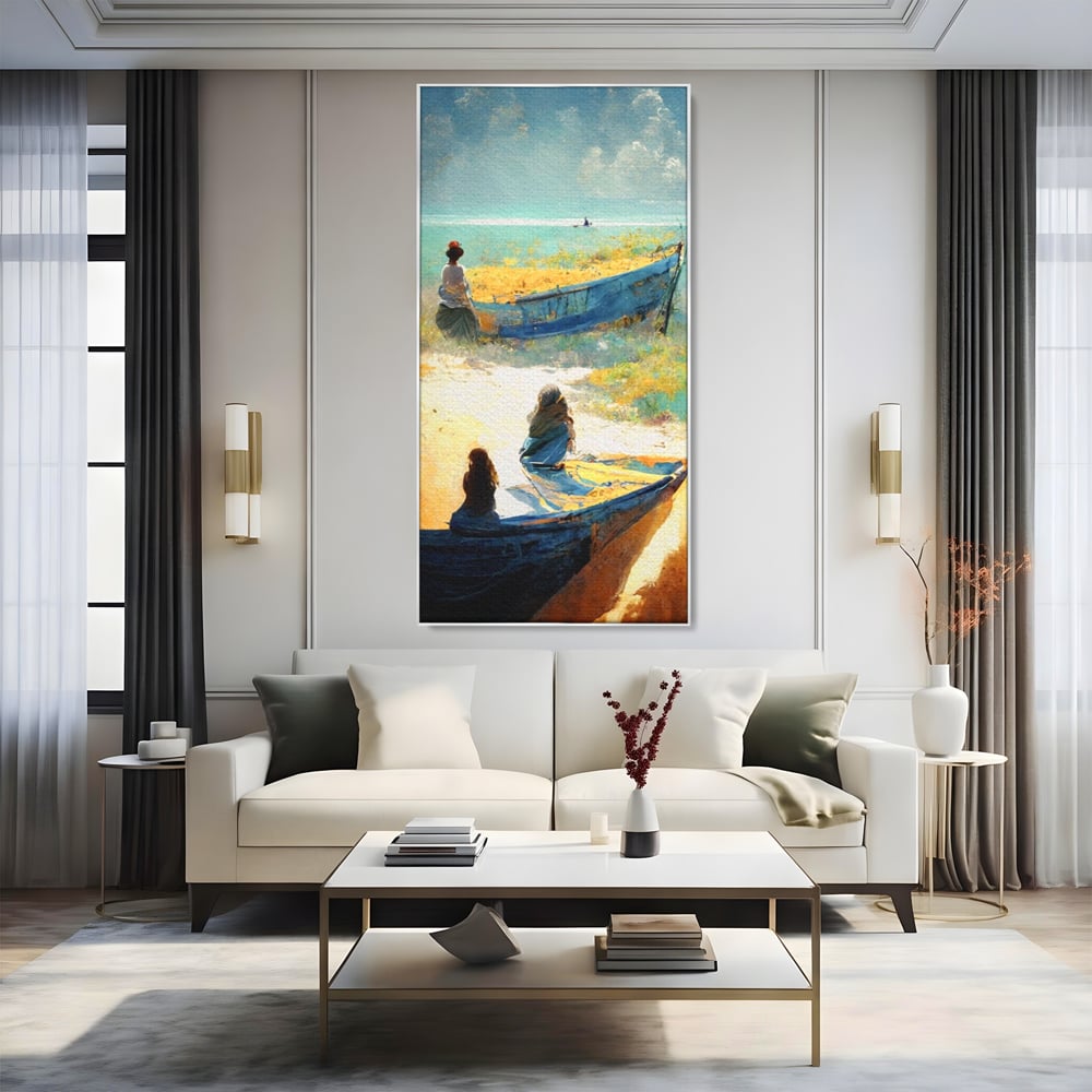 Tablou Canvas Premium LuxCanva® A1293, Women In The Boat, Living, Mare, Barci, Femei, Plaja, Dormitor, Culori Vibrante