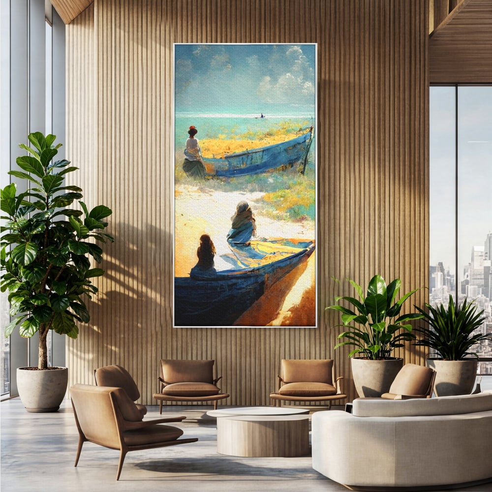 Tablou Canvas Premium LuxCanva® A1293, Women In The Boat, Living, Mare, Barci, Femei, Plaja, Dormitor, Culori Vibrante