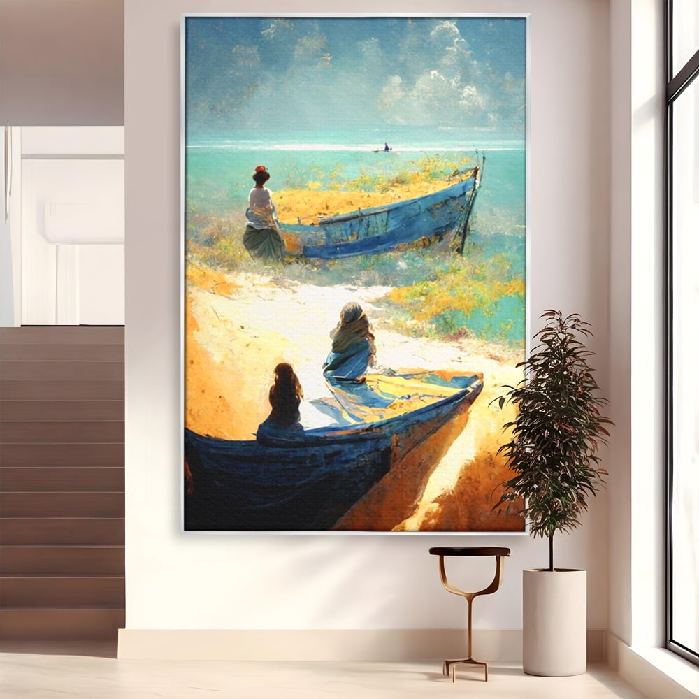 Tablou Canvas Premium LuxCanva® A1293, Women In The Boat, Living, Mare, Barci, Femei, Plaja, Dormitor, Culori Vibrante