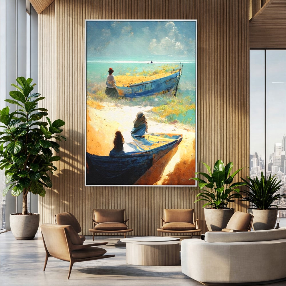 Tablou Canvas Premium LuxCanva® A1293, Women In The Boat, Living, Mare, Barci, Femei, Plaja, Dormitor, Culori Vibrante