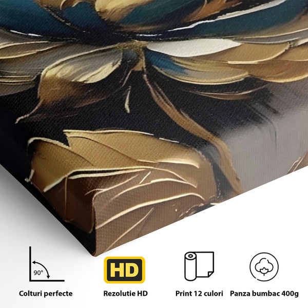 Tablou Canvas Premium LuxCanva® A1297, Gold Flowers, Living, Floare, Auriu, Frunze, Dormitor, Culori Vibrante