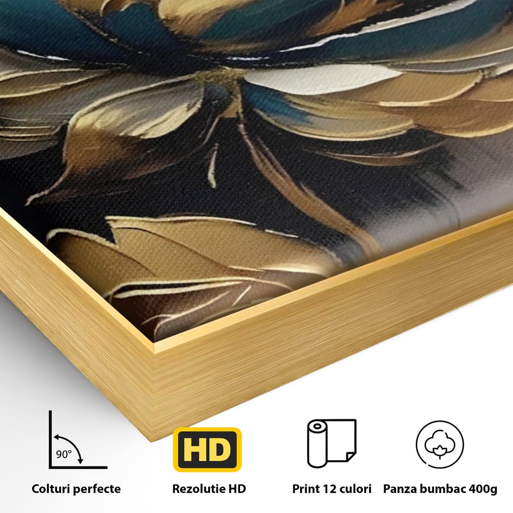 Leinwandbilder Premium LuxCanva® A1297, Gold Blumen, Wohnen, Blume, Golden, Blätter, Schlafzimmer, Lebendige Farben