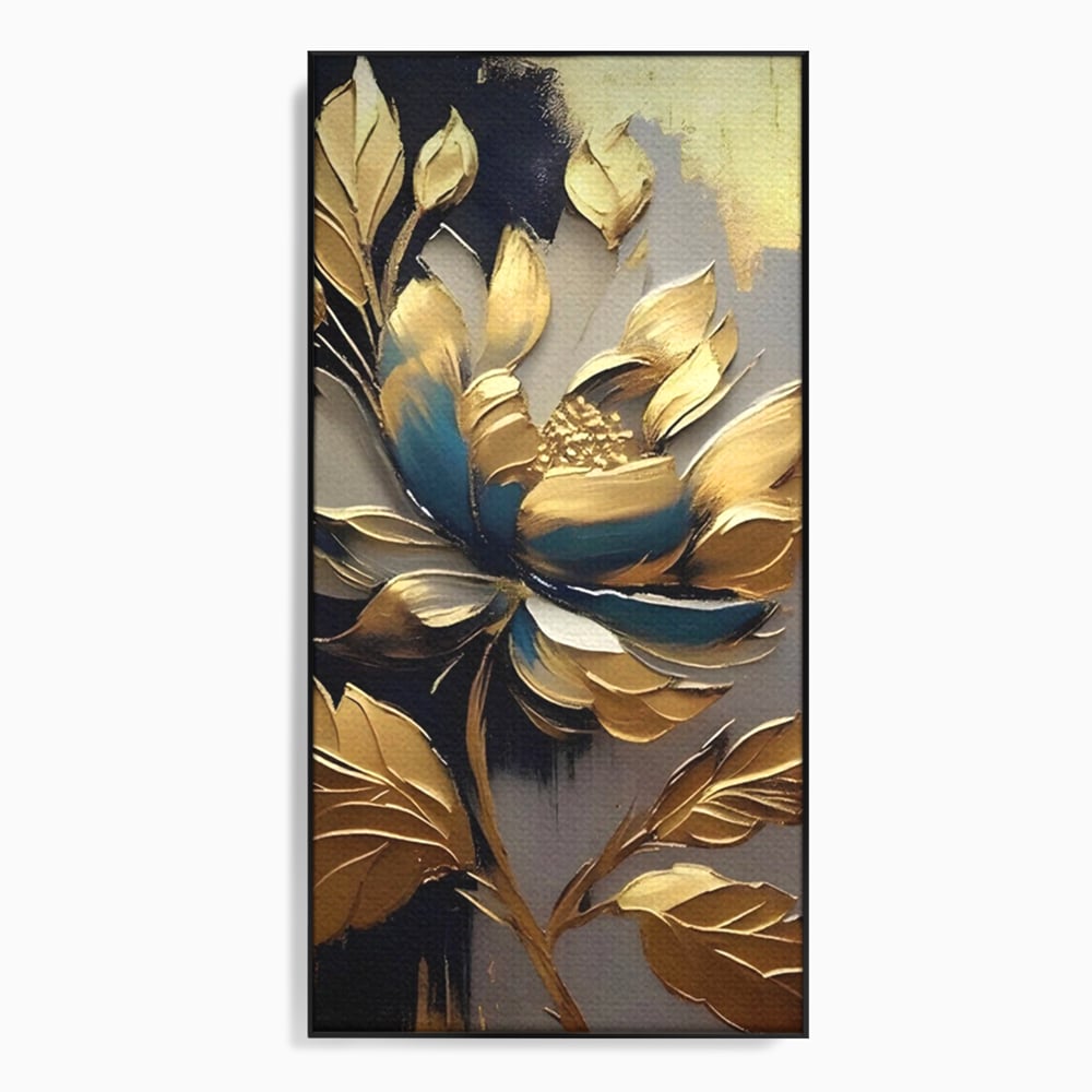 Leinwandbilder Premium LuxCanva® A1297, Gold Blumen, Wohnen, Blume, Golden, Blätter, Schlafzimmer, Lebendige Farben
