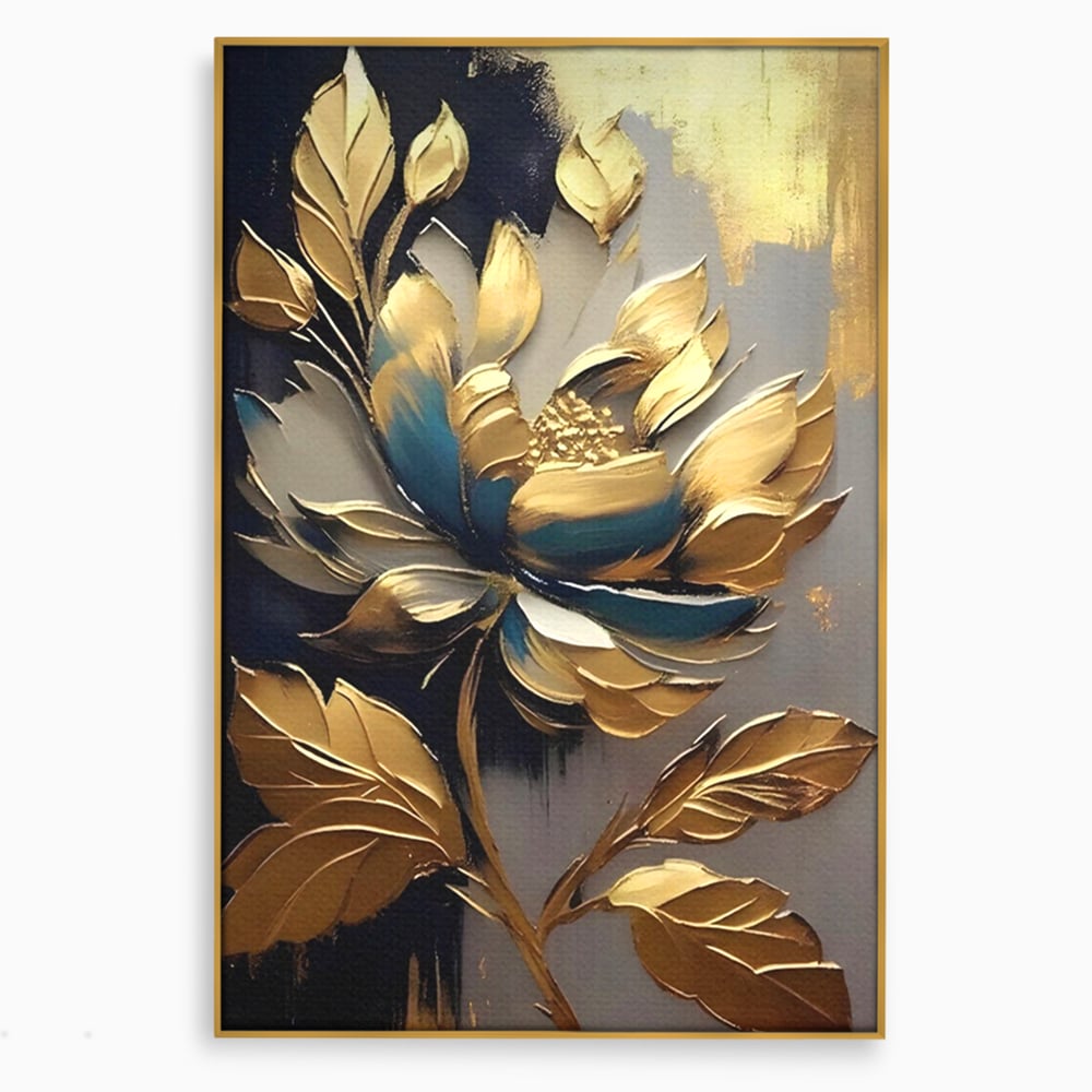 Leinwandbilder Premium LuxCanva® A1297, Gold Blumen, Wohnen, Blume, Golden, Blätter, Schlafzimmer, Lebendige Farben
