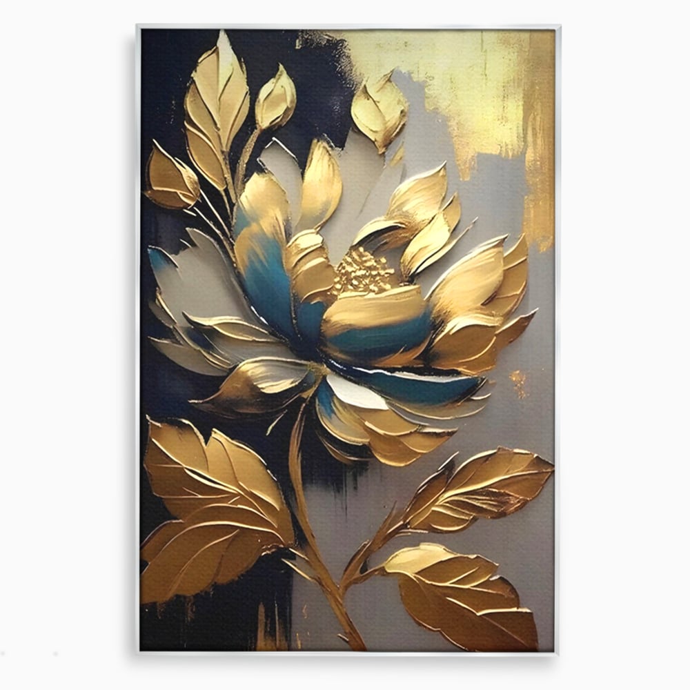 Leinwandbilder Premium LuxCanva® A1297, Gold Blumen, Wohnen, Blume, Golden, Blätter, Schlafzimmer, Lebendige Farben
