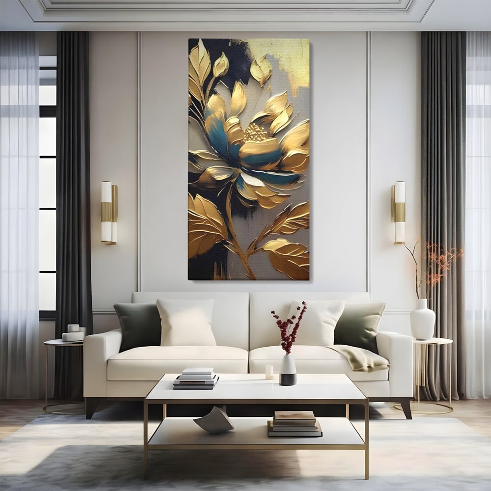 Leinwandbilder Premium LuxCanva® A1297, Gold Blumen, Wohnen, Blume, Golden, Blätter, Schlafzimmer, Lebendige Farben