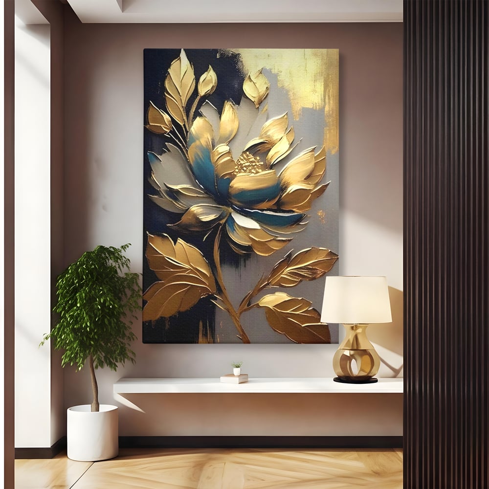 Leinwandbilder Premium LuxCanva® A1297, Gold Blumen, Wohnen, Blume, Golden, Blätter, Schlafzimmer, Lebendige Farben