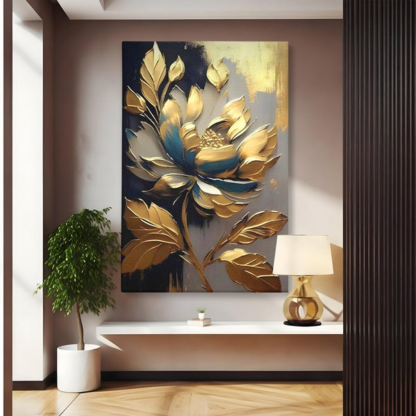 Tablou Canvas Premium LuxCanva® A1297, Gold Flowers, Living, Floare, Auriu, Frunze, Dormitor, Culori Vibrante