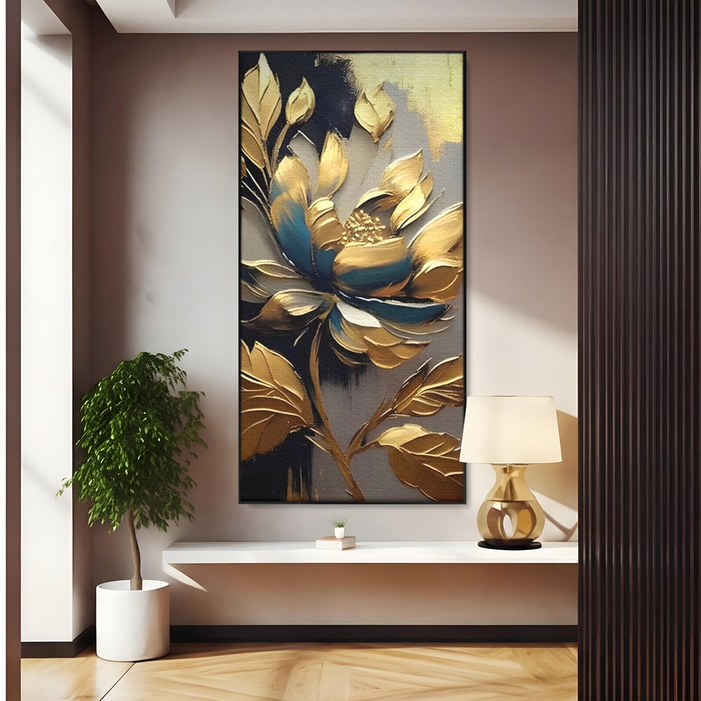 Leinwandbilder Premium LuxCanva® A1297, Gold Blumen, Wohnen, Blume, Golden, Blätter, Schlafzimmer, Lebendige Farben