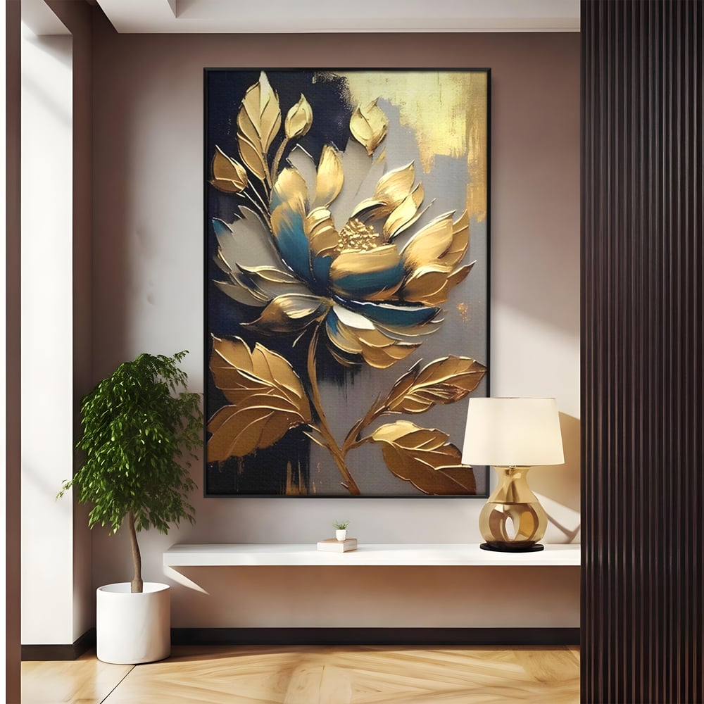 Leinwandbilder Premium LuxCanva® A1297, Gold Blumen, Wohnen, Blume, Golden, Blätter, Schlafzimmer, Lebendige Farben