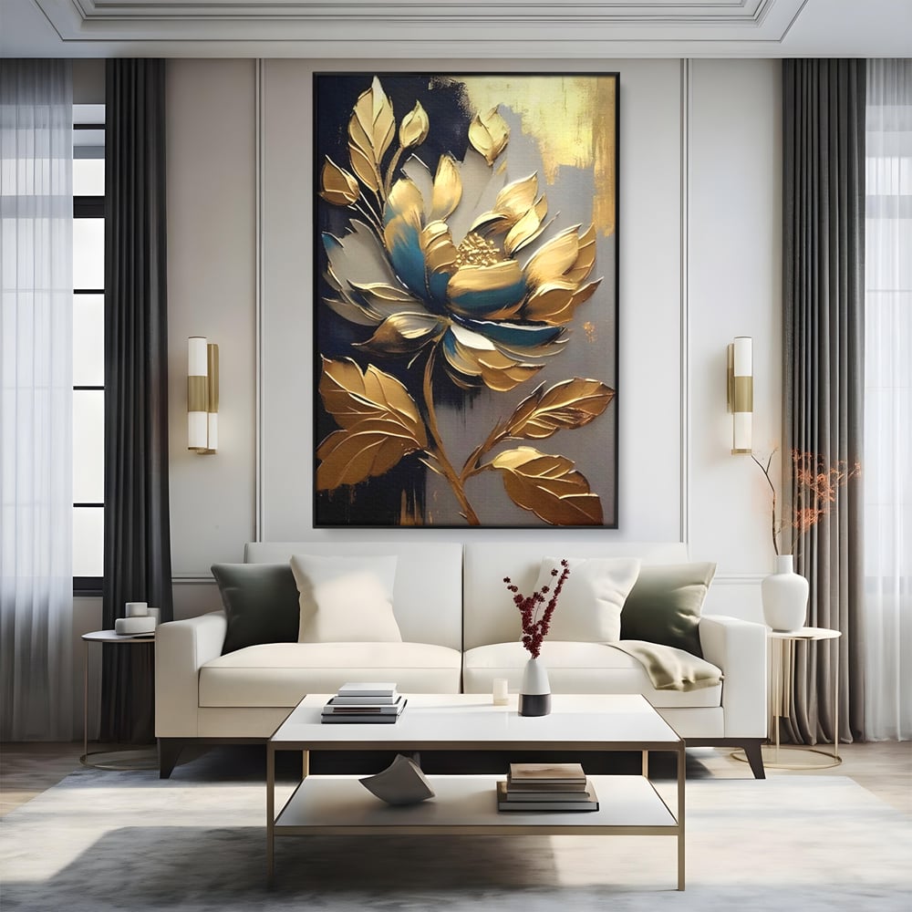 Leinwandbilder Premium LuxCanva® A1297, Gold Blumen, Wohnen, Blume, Golden, Blätter, Schlafzimmer, Lebendige Farben