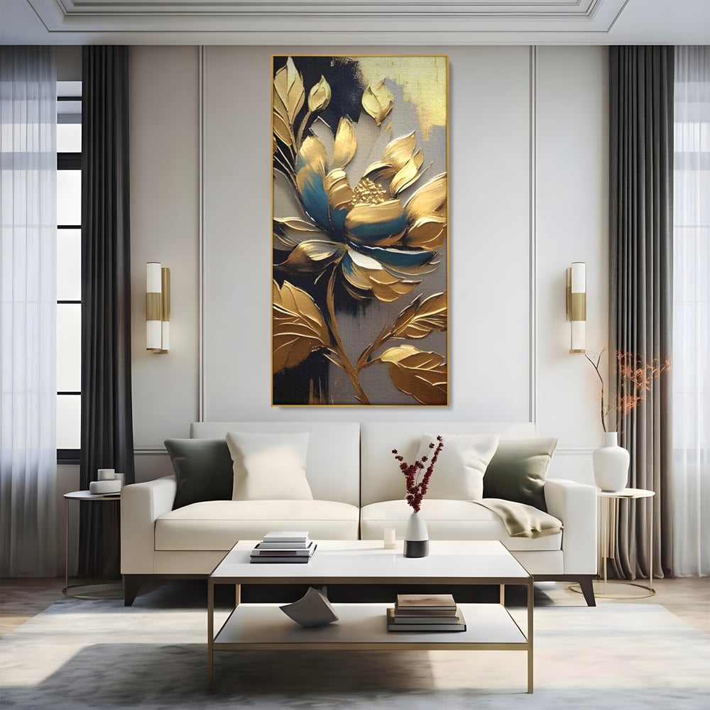 Leinwandbilder Premium LuxCanva® A1297, Gold Blumen, Wohnen, Blume, Golden, Blätter, Schlafzimmer, Lebendige Farben