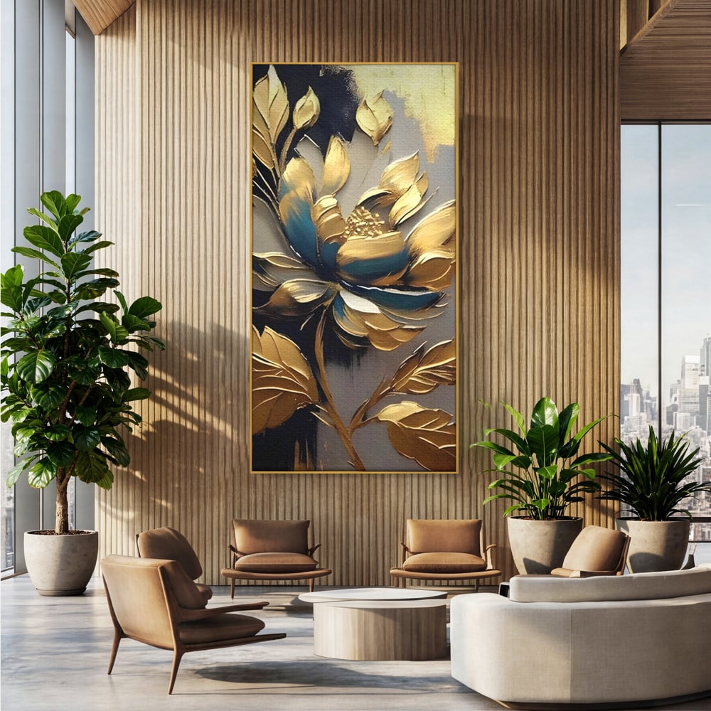 Leinwandbilder Premium LuxCanva® A1297, Gold Blumen, Wohnen, Blume, Golden, Blätter, Schlafzimmer, Lebendige Farben