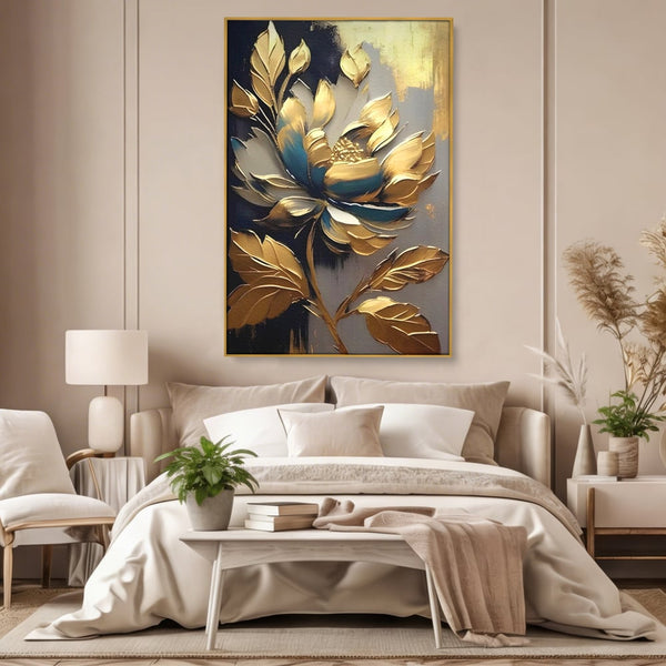 Leinwandbilder Premium LuxCanva® A1297, Gold Blumen, Wohnen, Blume, Golden, Blätter, Schlafzimmer, Lebendige Farben