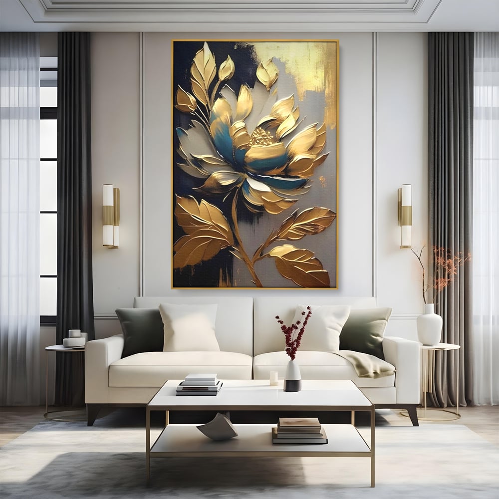 Leinwandbilder Premium LuxCanva® A1297, Gold Blumen, Wohnen, Blume, Golden, Blätter, Schlafzimmer, Lebendige Farben