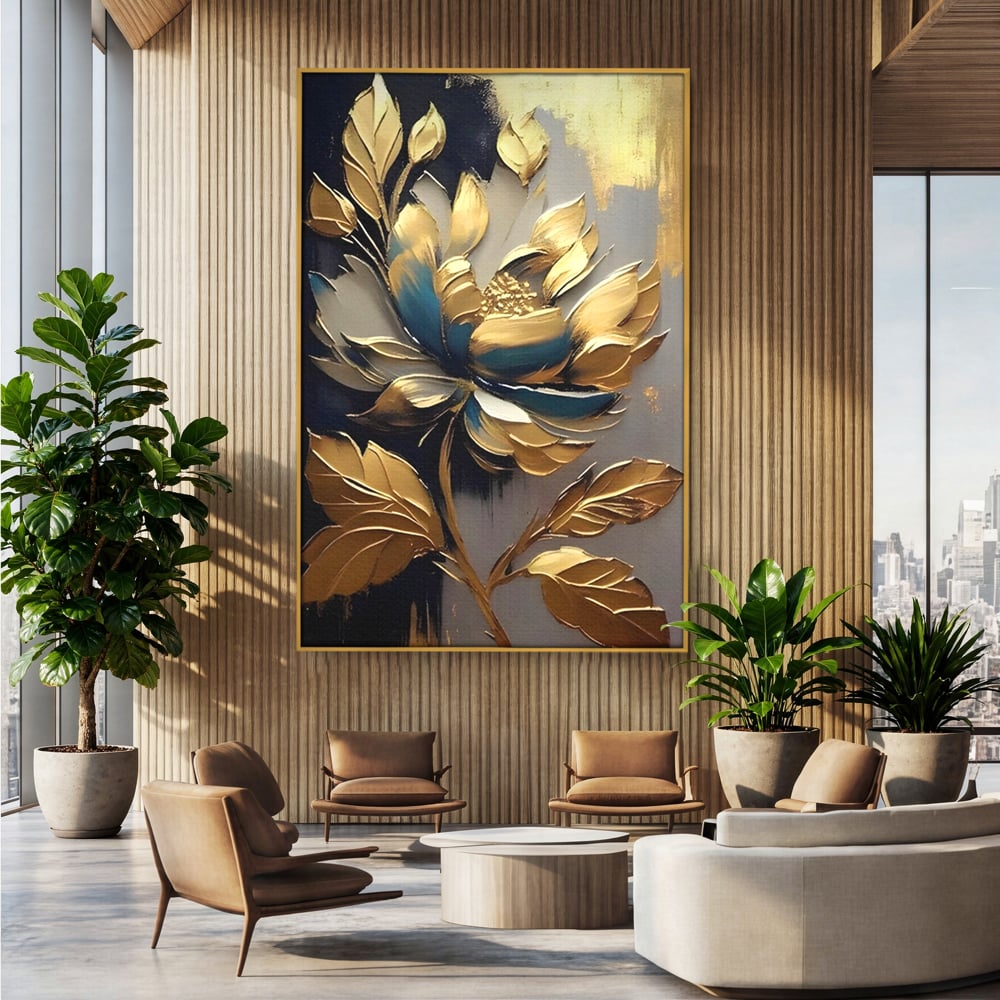 Leinwandbilder Premium LuxCanva® A1297, Gold Blumen, Wohnen, Blume, Golden, Blätter, Schlafzimmer, Lebendige Farben