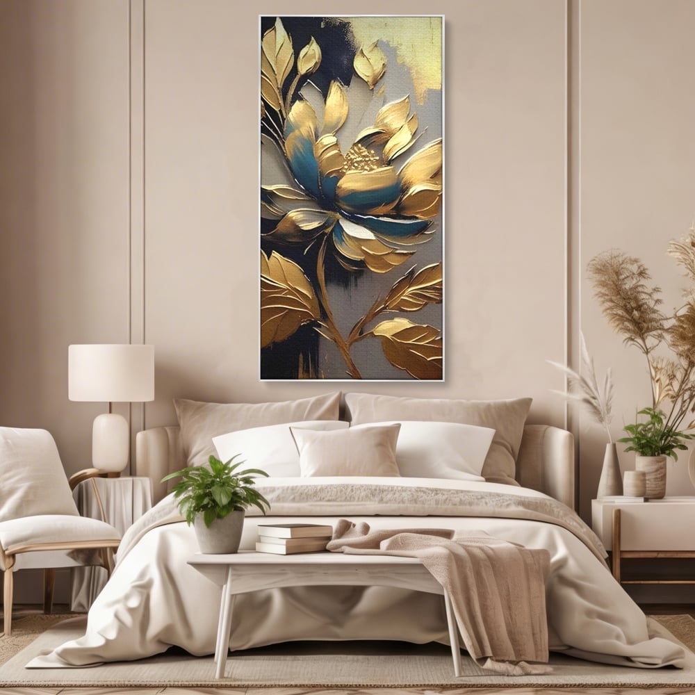 Leinwandbilder Premium LuxCanva® A1297, Gold Blumen, Wohnen, Blume, Golden, Blätter, Schlafzimmer, Lebendige Farben