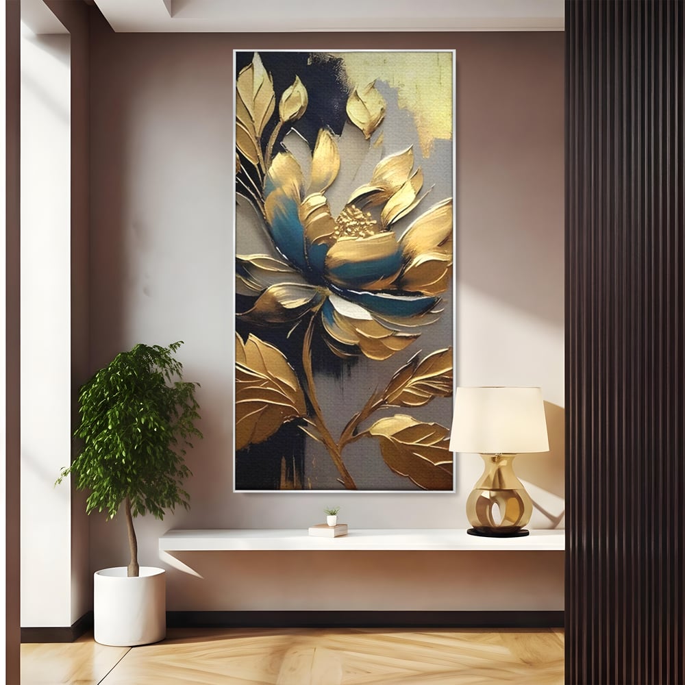 Leinwandbilder Premium LuxCanva® A1297, Gold Blumen, Wohnen, Blume, Golden, Blätter, Schlafzimmer, Lebendige Farben