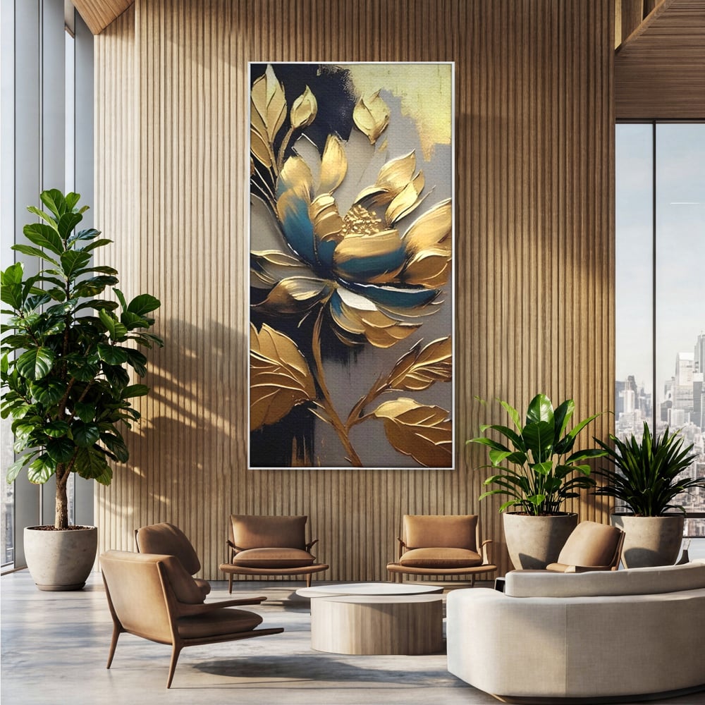 Leinwandbilder Premium LuxCanva® A1297, Gold Blumen, Wohnen, Blume, Golden, Blätter, Schlafzimmer, Lebendige Farben