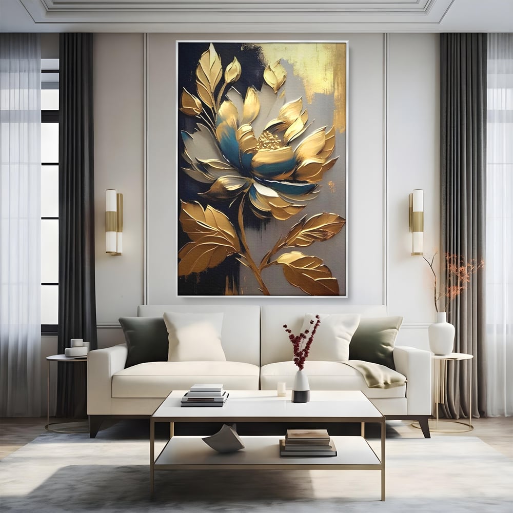 Leinwandbilder Premium LuxCanva® A1297, Gold Blumen, Wohnen, Blume, Golden, Blätter, Schlafzimmer, Lebendige Farben